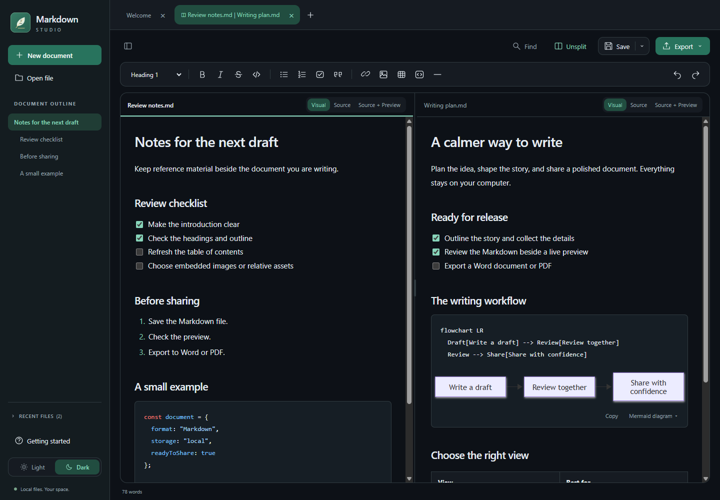 Markdown Studio in Dark theme with two documents in paired panes, independent mode controls, checklists, and an offline diagram.
