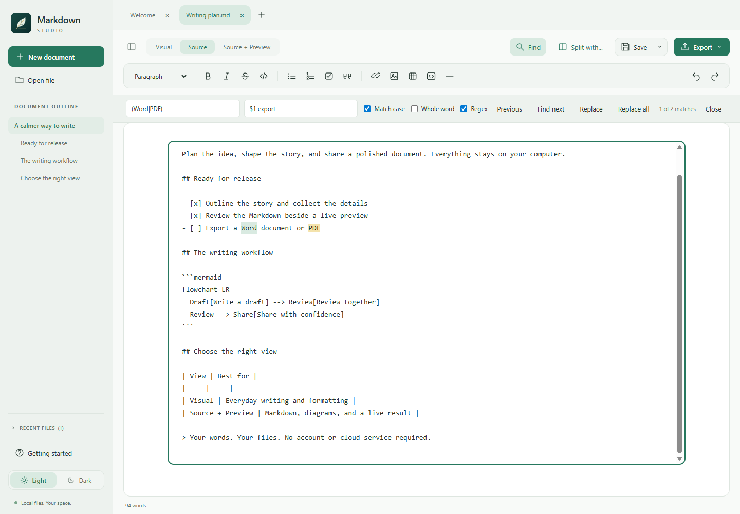 Markdown Studio Find/Replace bar with regex search, capture-group replacement, match counts, and highlighted Source results.